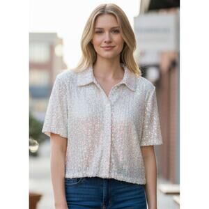 ☀️Lumière Sequin Button-Front Short Sleeve Blouse Top Size M NWT